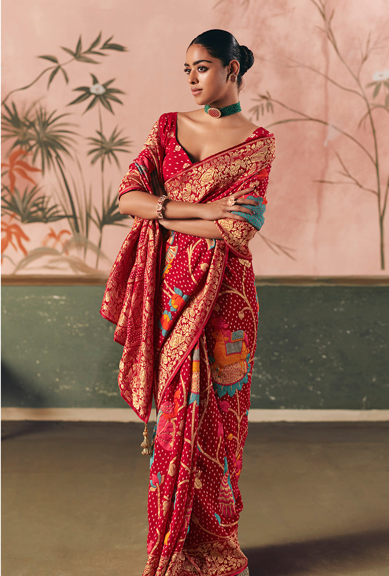 Monjolika Fashion Red Bandhej Weaving Work Faux Khadi Georgette Saree