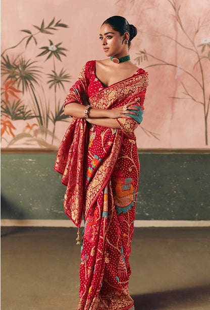 Monjolika Fashion Red Bandhej Weaving Work Faux Khadi Georgette Saree