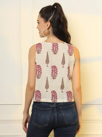 Yufta White And Pink Cotton Sleeve Less Wrap Top