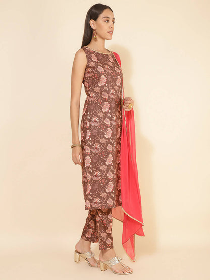 Janasya Women's Brown Crepe Digital Floral Printed Festive Straight Kurta Set
