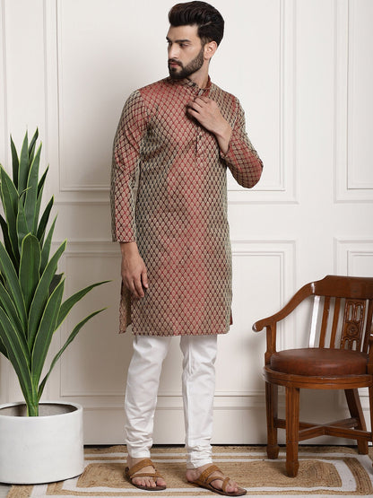 Sojanya Men Maroon & Off-White Woven Design Kurta with Churidar