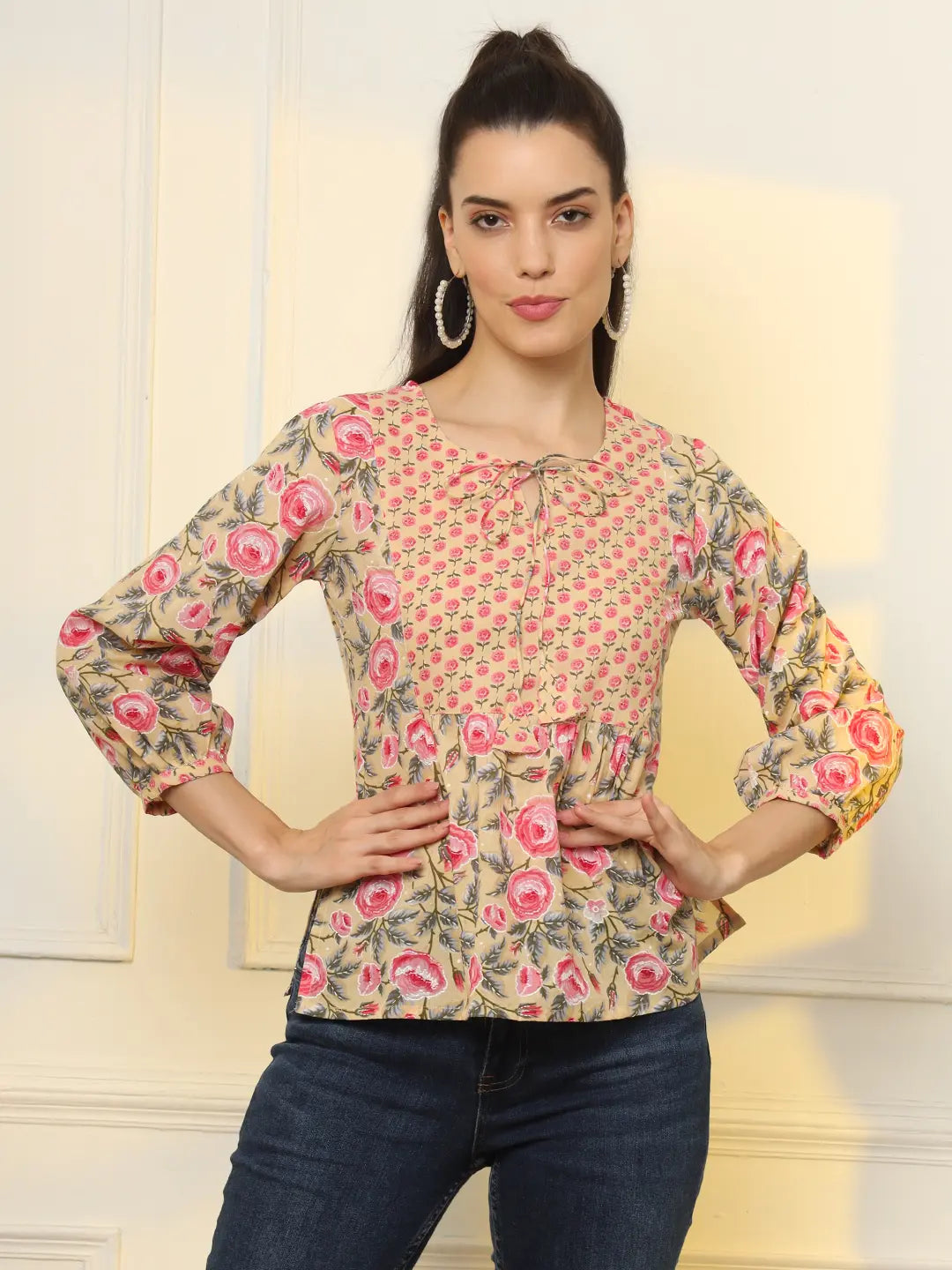 Yufta Cotton Yellow Floral Tie Up Top