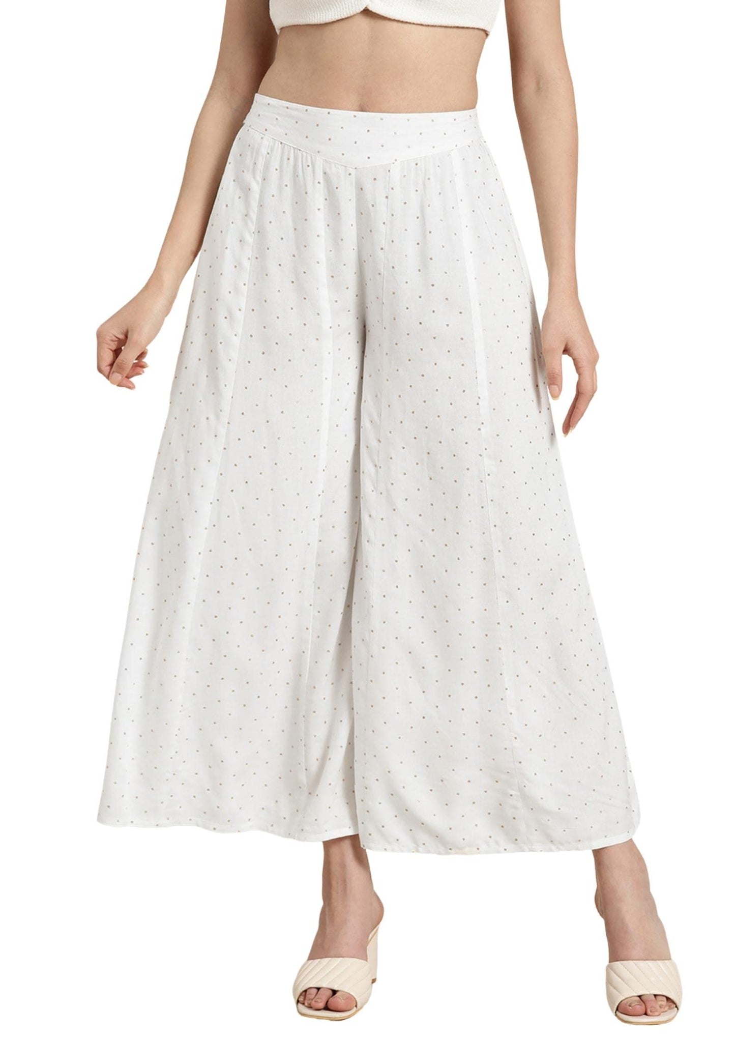 Juniper Women's Off-White Polka Dot Printed Rayon Flared Palazzo