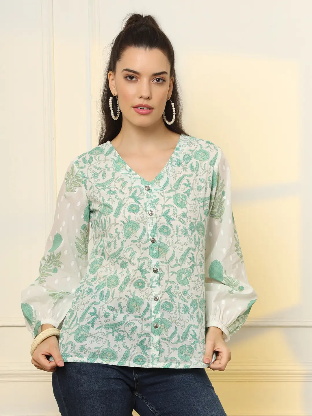 Yufta White And Green Printed Cotton Top