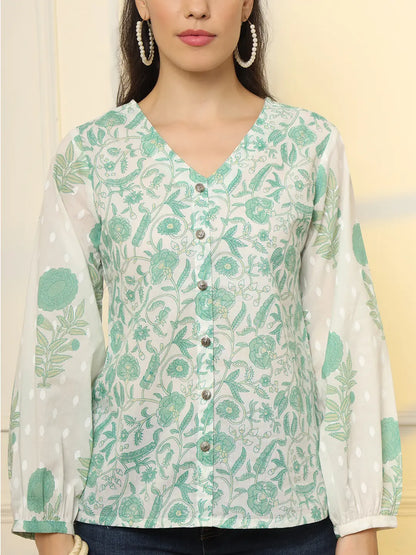 Yufta White And Green Printed Cotton Top