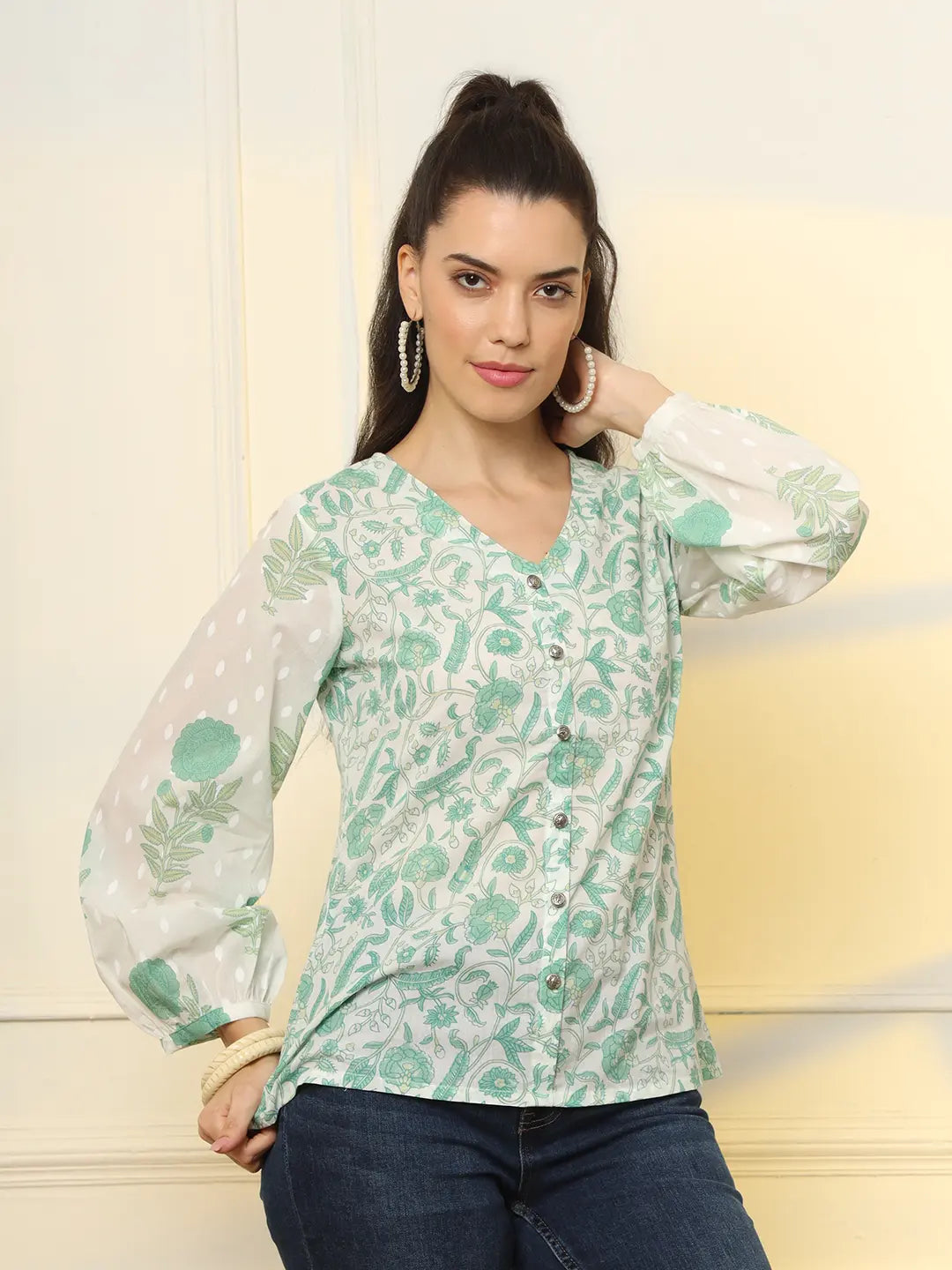 Yufta White And Green Printed Cotton Top