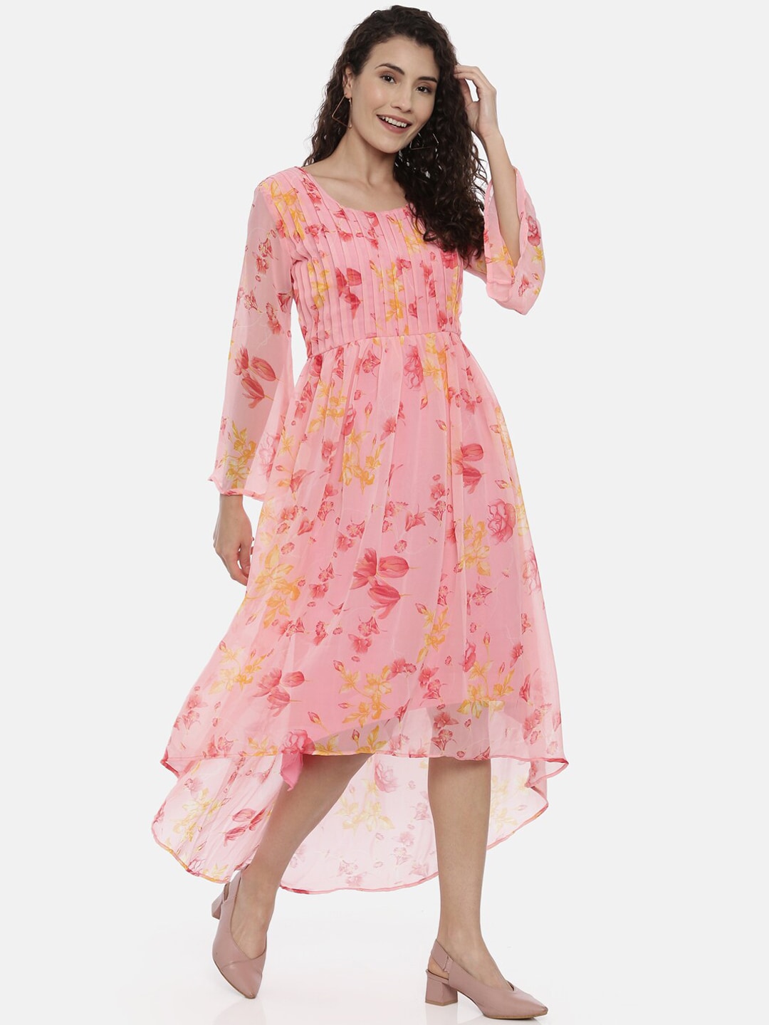 Souchii Pink Floral Printed A-Line Dress For Women