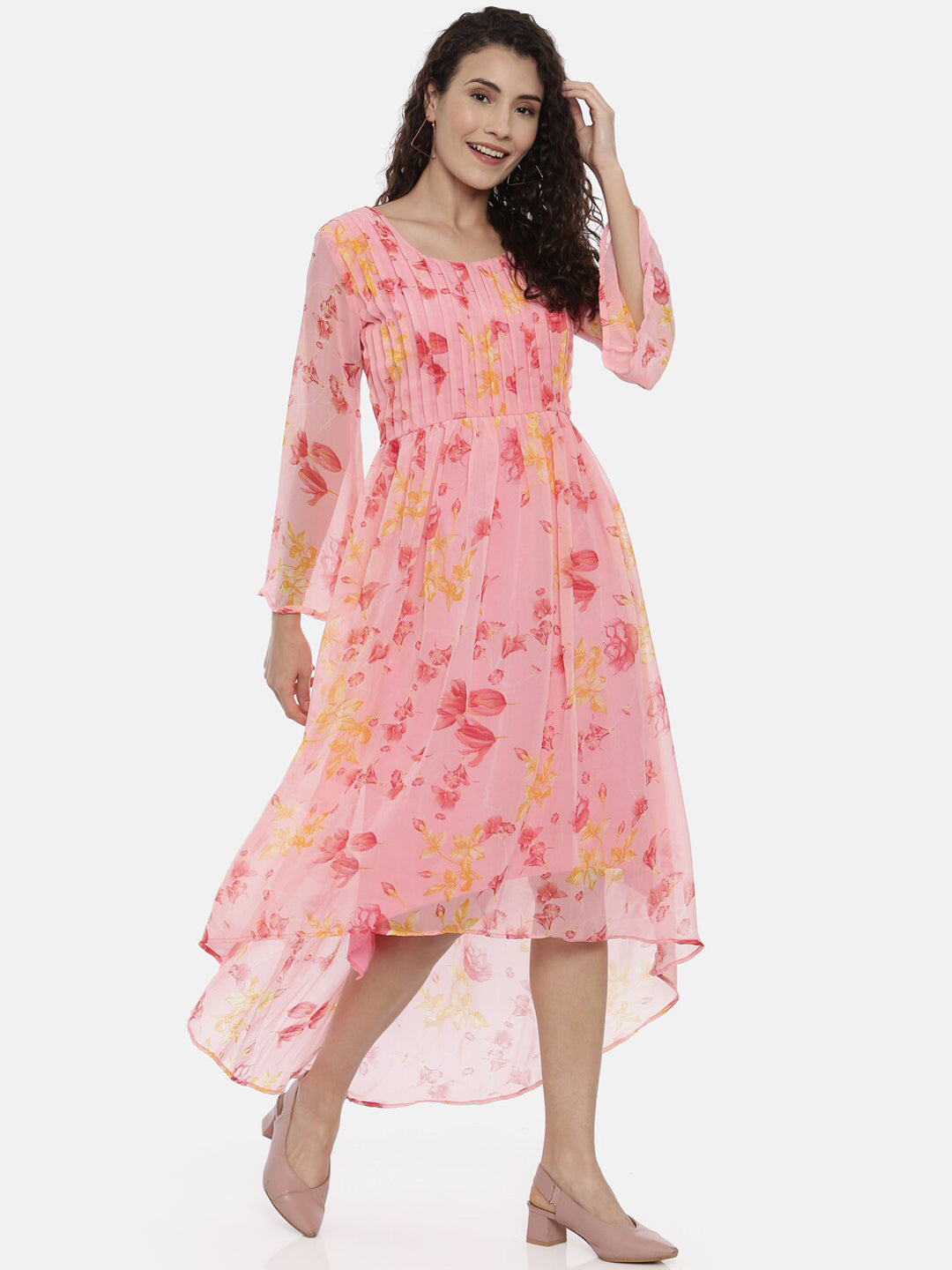 Souchii Women Beautiful Pink Floral Printed A-Line Dress