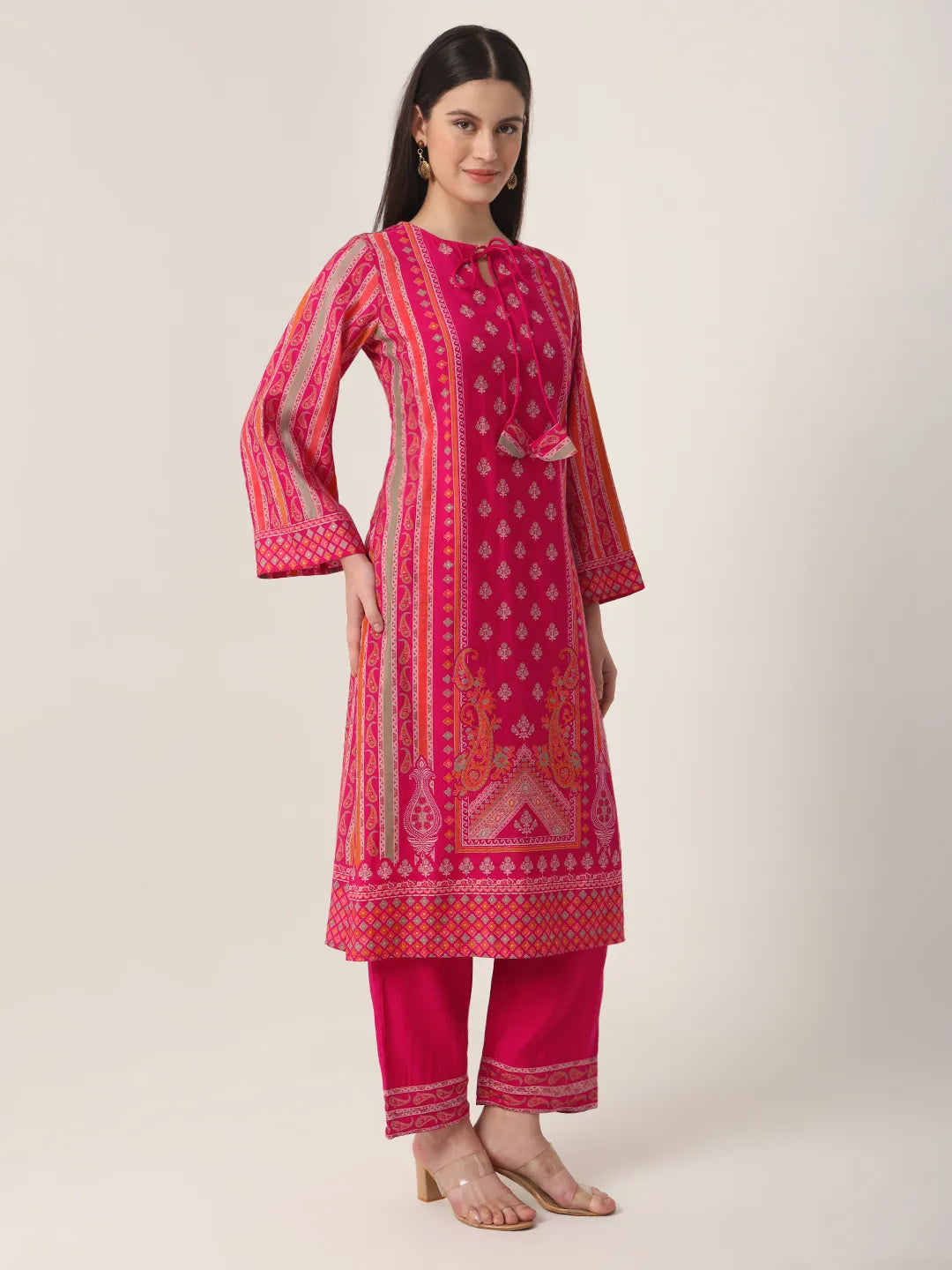 Yufta Pink Silk Tie Up Kurta Set With Pant & Dupatta