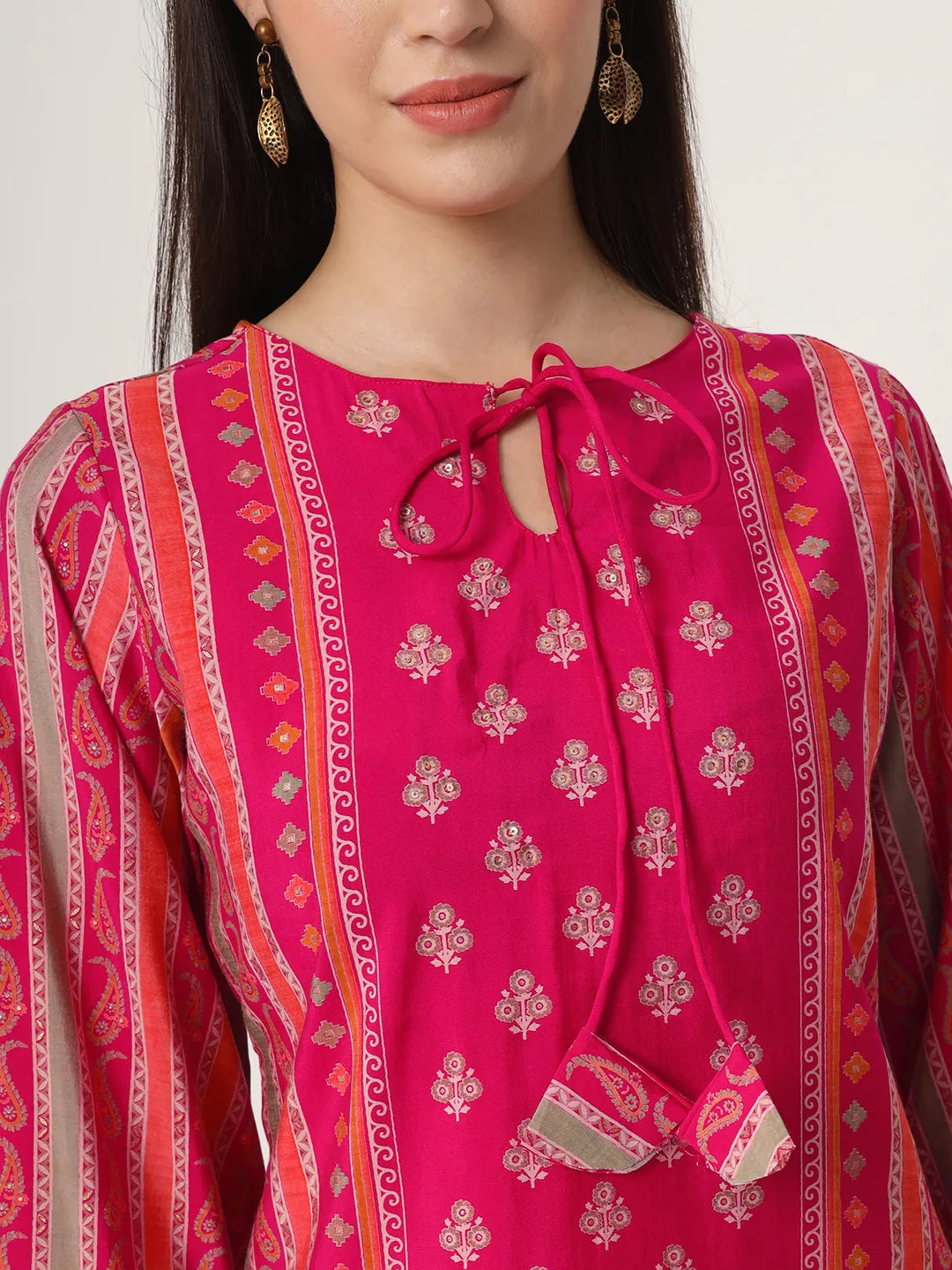 Yufta Pink Silk Tie Up Kurta Set With Pant & Dupatta