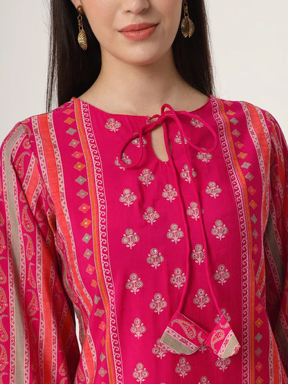 Yufta Pink Silk Tie Up Kurta Set With Pant & Dupatta