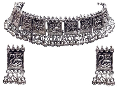 Silver-Plated Alloy Oxidised Silver Geometric Necklace - The Pari