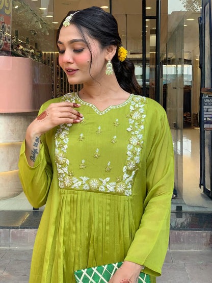 The52 Embroidered Chinon Fabric Straight Kurta, Pant and Dupatta Set
