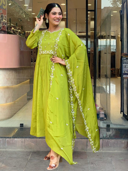 The52 Embroidered Chinon Fabric Straight Kurta, Pant and Dupatta Set