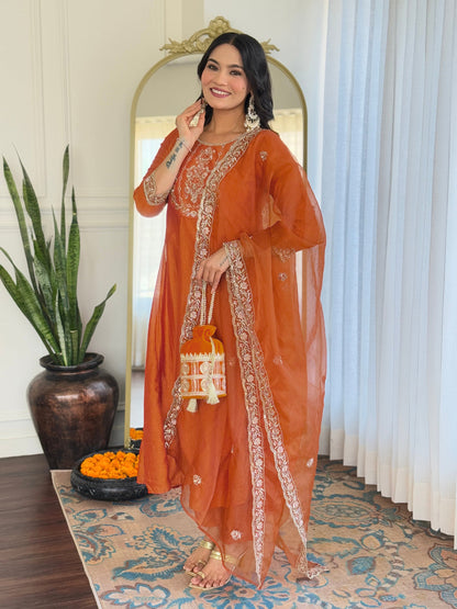 The52 Embroidered Vichitra Silk Fabric Straight Kurta, Pant and Dupatta Set