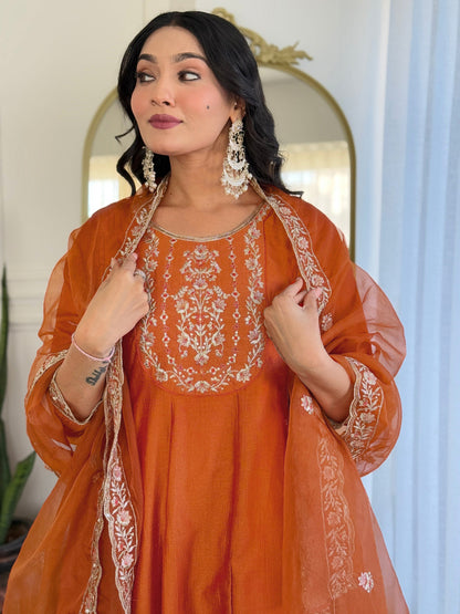 The52 Embroidered Vichitra Silk Fabric Straight Kurta, Pant and Dupatta Set