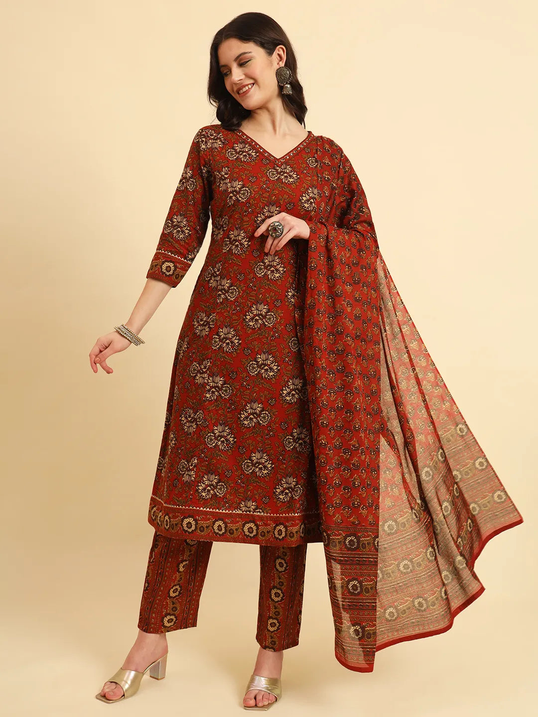 Yufta Red Pure Cotton Floral Sequins Work Kurta Set With Dupatta