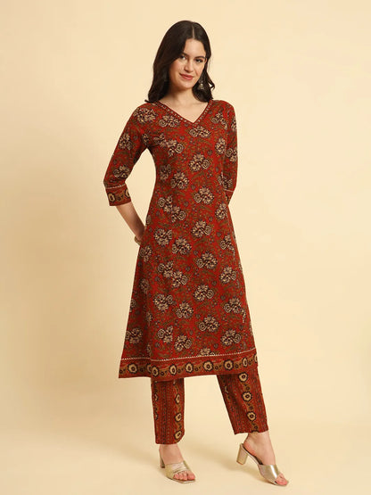 Yufta Red Pure Cotton Floral Sequins Work Kurta Set With Dupatta