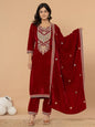 Yufta Maroon Velvet Embroidered A Have Cotton Lining Kurta Dupatta Set