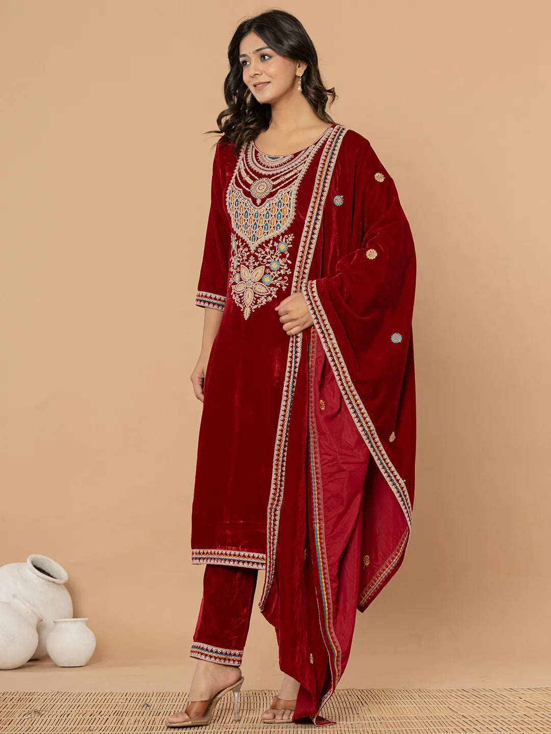 Yufta Maroon Velvet Embroidered A Have Cotton Lining Kurta Dupatta Set