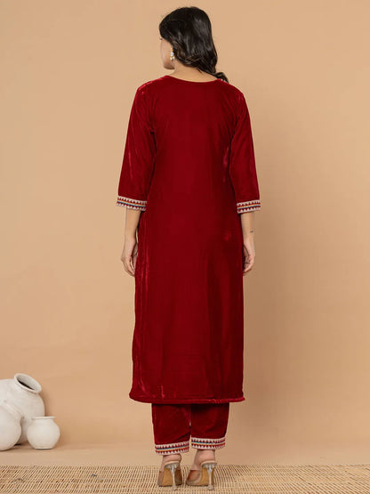 Yufta Maroon Velvet Embroidered A Have Cotton Lining Kurta Dupatta Set