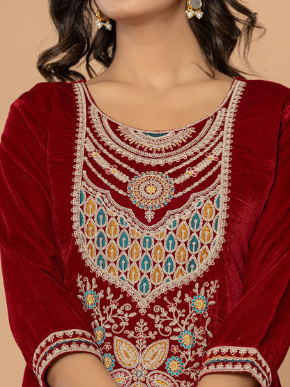 Yufta Maroon Velvet Embroidered A Have Cotton Lining Kurta Dupatta Set