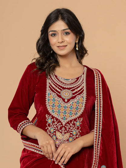 Yufta Maroon Velvet Embroidered A Have Cotton Lining Kurta Dupatta Set