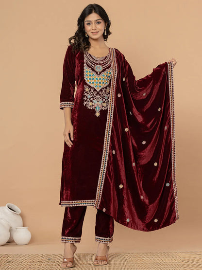Yufta Burgundy Velvet Embroidered A Have Cotton Lining Kurta Dupatta Set