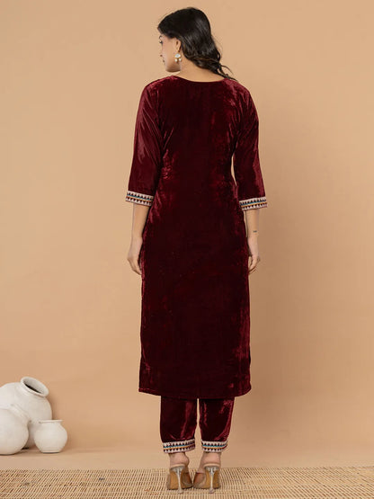Yufta Burgundy Velvet Embroidered A Have Cotton Lining Kurta Dupatta Set