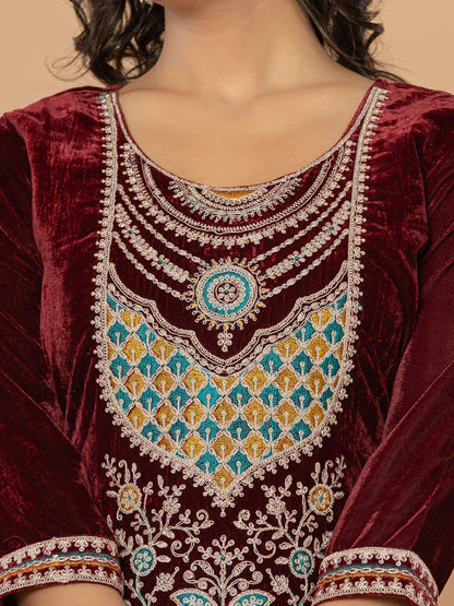Yufta Burgundy Velvet Embroidered A Have Cotton Lining Kurta Dupatta Set