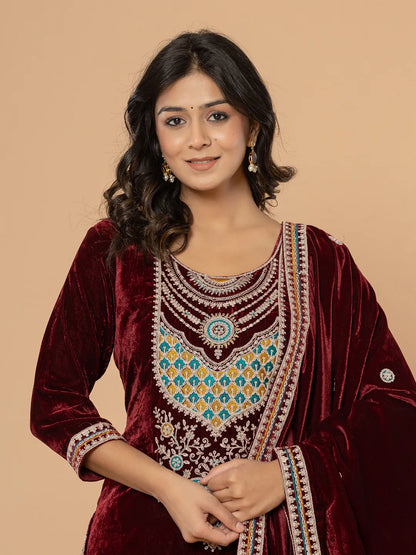 Yufta Burgundy Velvet Embroidered A Have Cotton Lining Kurta Dupatta Set
