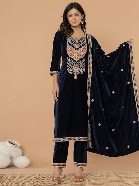 Yufta Navy Blue Velvet Embroidered A Have Cotton Lining Kurta Dupatta Set