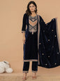 Yufta Navy Blue Velvet Embroidered A Have Cotton Lining Kurta Dupatta Set