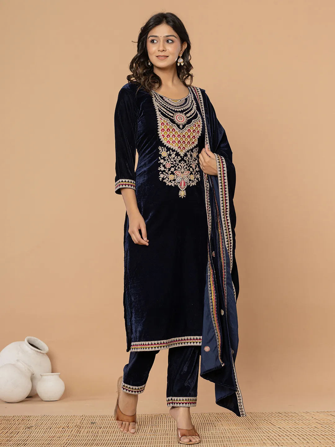 Yufta Navy Blue Velvet Embroidered A Have Cotton Lining Kurta Dupatta Set