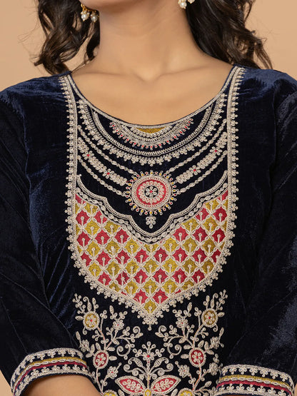 Yufta Navy Blue Velvet Embroidered A Have Cotton Lining Kurta Dupatta Set