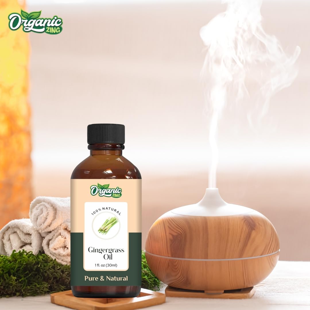 Organic Zing Gingergrass (Cymbopogon martinii) Oil | Pure & Natural Essential Oil for Skincare, Hair Care, Aroma and Diffusers