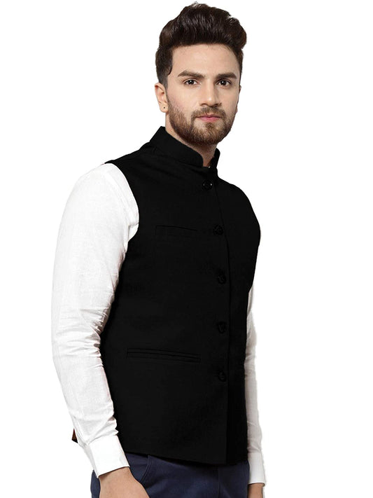 Vastraa Fusion Men's Cotton-Blended Mate Black Nehru Jacket/Waistcoat