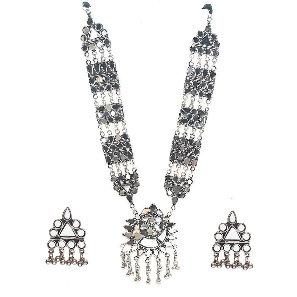 Silver-Plated Alloy Long Kundan Studded Silver Oxidised Necklace - The Pari