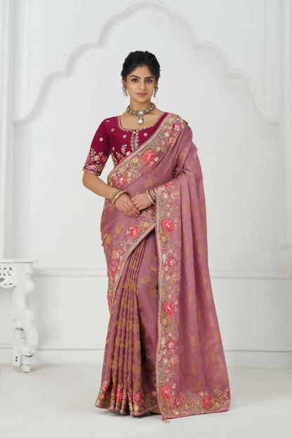 Kesar Fab Threaded Blossoms: Pink With Colorful Floral Embroidery Saree