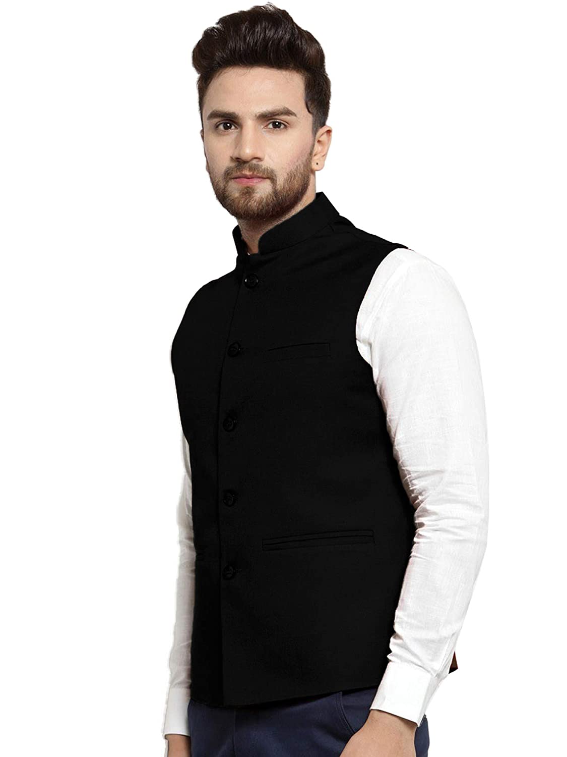 Vastraa Fusion Men's Cotton-Blended Mate Black Nehru Jacket/Waistcoat