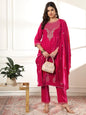 Yufta Pink Velvet Kurta Dupatta Set With Embroidery