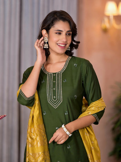 Juniper Women's Green Zari Embroidered Viscose Kurta Pant And Dupatta Set With Tassels On Dupatta