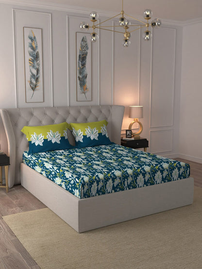MYTRIDENT Blue White Floral Cotton 144 TC Queen Bedsheet With 2 Pillow Covers