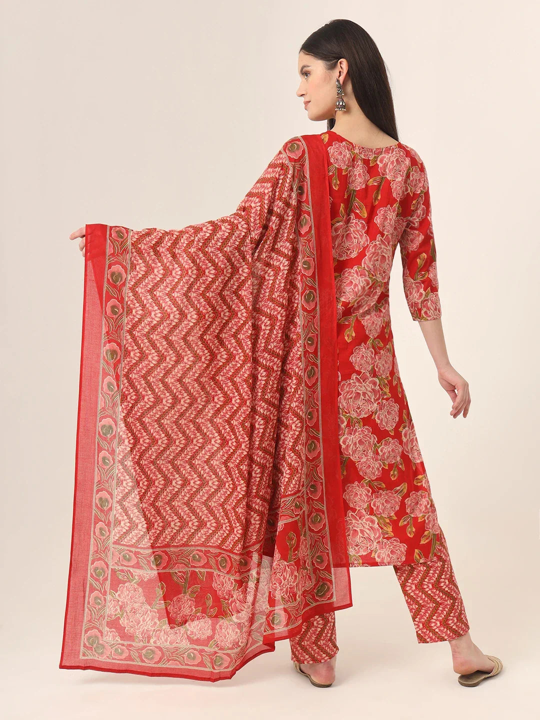Yufta Red Pure Cotton Straight Kurta Pants Dupatta Set