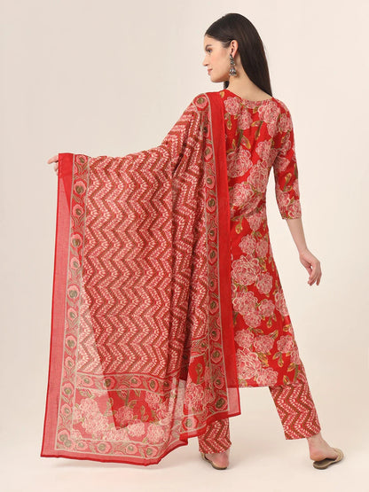 Yufta Red Pure Cotton Straight Kurta Pants Dupatta Set