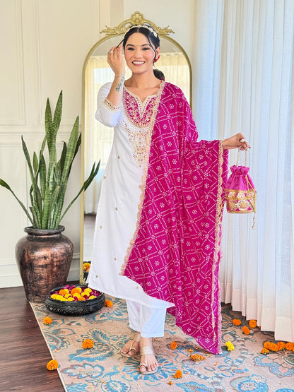 The52 Women's Embroidered Viscose Fabric Straight Kurta, Pant and Dupatta Set