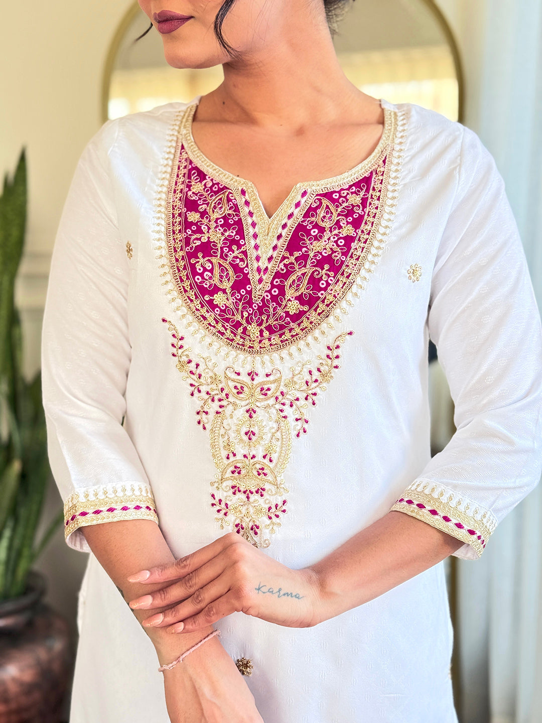 The52 Women's Embroidered Viscose Fabric Straight Kurta, Pant and Dupatta Set