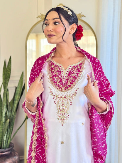 The52 Women's Embroidered Viscose Fabric Straight Kurta, Pant and Dupatta Set