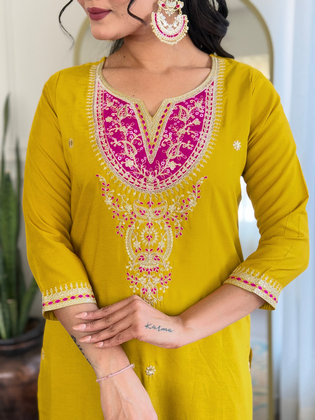 The52 Women's Embroidered Viscose Fabric Straight Kurta, Pant and Dupatta Set