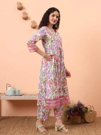 Yufta White And Purple Floral Sequins Work Aline Kurta Trouser Dupatta Set